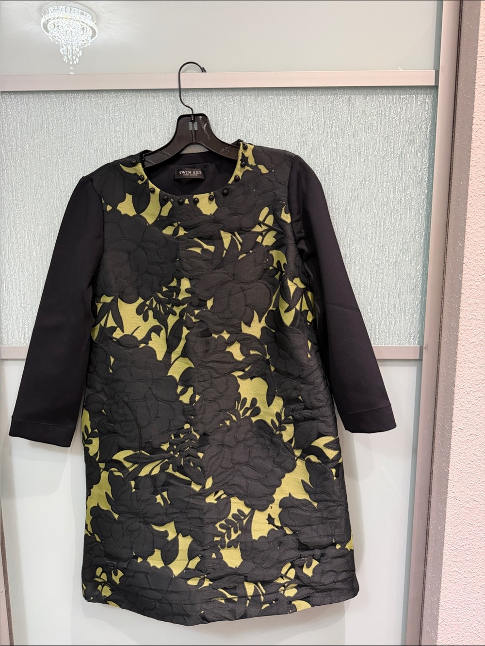 Twin-Set Black Floral Appliqué Dress with Olive Base